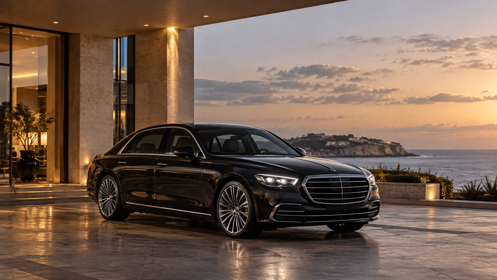 Black luxury sedan outside a coastal hotel at dusk.